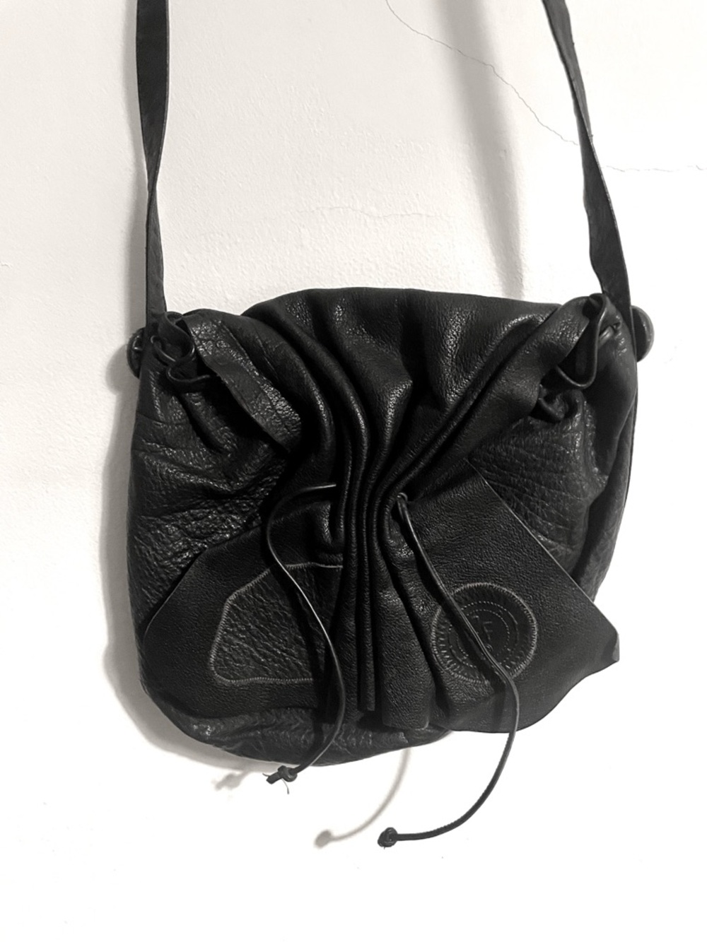Carlos Falchi Black Leather Drawstring Shoulder Bag